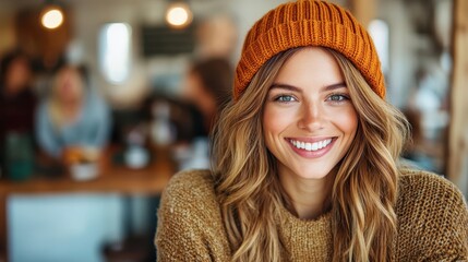 A beautiful woman smiling warmly while wearing an orange beanie, set against a cozy café backdrop, capturing a moment of comfort, style, and happiness in everyday life.
