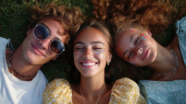 Friends enjoying a sunny day at the park with smiles and colorful face decorations