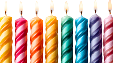 A vibrant collection of colorful burning birthday candles with a spiral design against a white background.