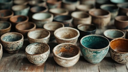 An impressive array of colorful handmade ceramic pots displayed on a wooden surface, showcasing artistic craftsmanship and the beauty of texture and color.