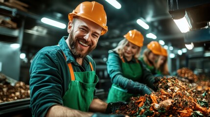 A vibrant image showcasing a group of smiling workers in safety gear, happily engaged in sorting organic waste, emphasizing teamwork and environmental sustainability in urban settings.