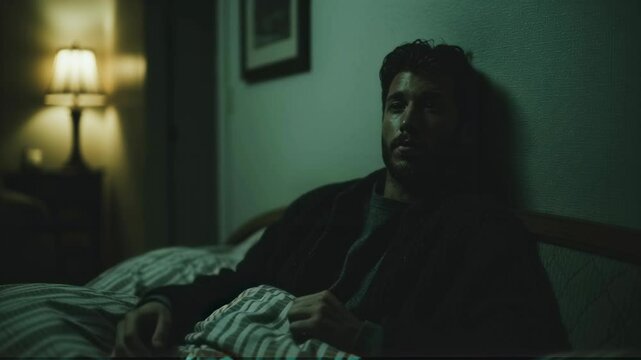 Woman in dark bedroom experiencing night terrors. Psychological horror concept. Insomnia, sleep paralysis, and mental health issues depicted in eerie green lighting.