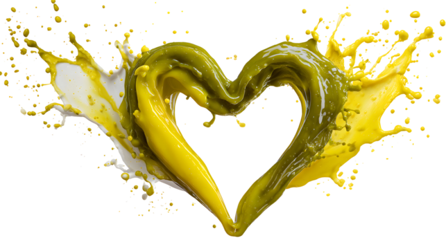 Olive and Yellow Milk Splashes Heart isolated on a transparent background