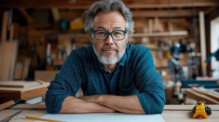 A middle-aged craftsman poses thoughtfully in his woodworking workshop, surrounded by tools and materials, embodying creativity, skill, and the art of craftsmanship.