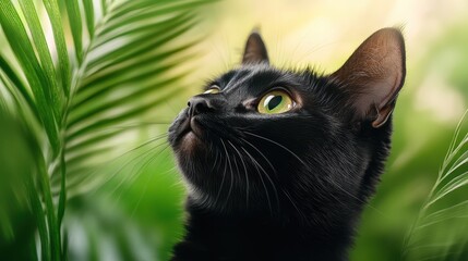 A close-up of a curious black cat with striking green eyes gazing upward amid lush green foliage, capturing the essence of curiosity, nature, and feline beauty in a serene environment.