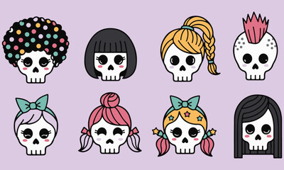 Fototapeta premium Cute Skull Head Avatars with Diverse Hairstyles and Accessories, each featuring a unique and colorful hairstyle, These whimsical characters offer a blend of spooky and charming elements.