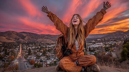 centered in the frame is a figure seated in a cross legged position atop a hill, raising their arms triumphantly toward a vibrant sunset