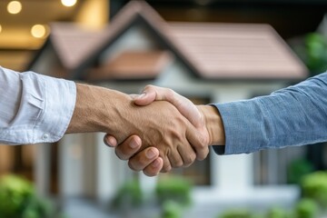 Construction worker and customer shaking hands to finalize project details at a home site