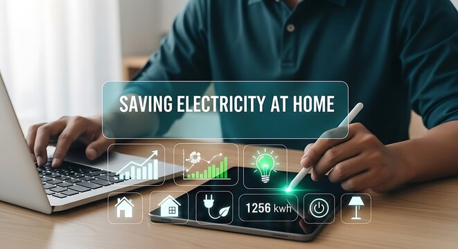 Person using technology for electricity savings and energy efficiency within the home