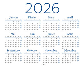 Horizontal calendar for 2026 in French