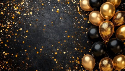Black and gold party balloons on a dark background
