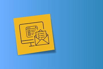 The image shows a yellow card on a pink background with a black minimalist icon: an open hand holding an envelope with a sheet inside, featuring lines and checkmarks. It symbolizes receiving or delive