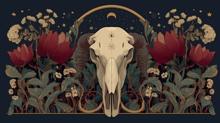 Mystical animal skull with horns, vibrant flowers, and celestial stars on dark background