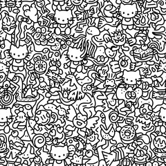 Hand-drawn seamless vector doodle pattern with kawaii cats, sweets, animals, and funny cartoon characters. Perfect for coloring books, textiles, and packaging.