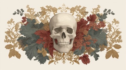 Elegant vintage human skull illustration with intricate autumn foliage and floral decor