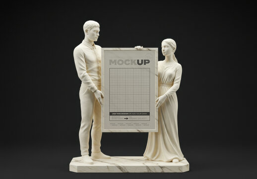 Couple Sculpture with Vertical Poster Picture Frame Mockup