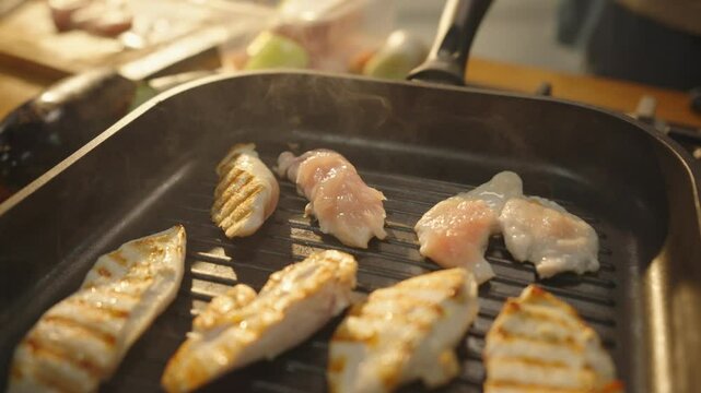Close-up of raw chicken fillets sizzling on a hot grill pan, beginning to cook with steam and grill marks forming.