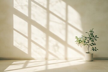 Sunlight streams through a window, casting shadows on a pale wall