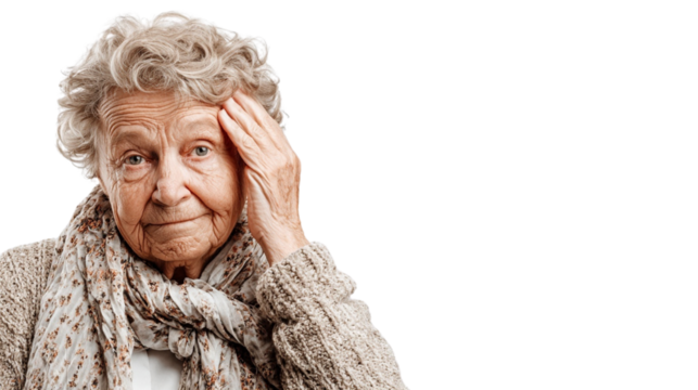 Old woman holding her head isolated on transparent or white background, png