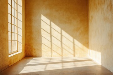 Sunlight streams through a large window into a light beige room