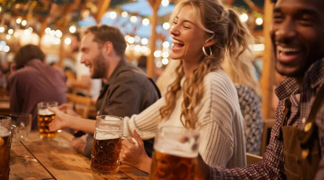 Happy multi-ethnic friends are enjoying Oktoberfest, toasting with large beer mugs and laughing together