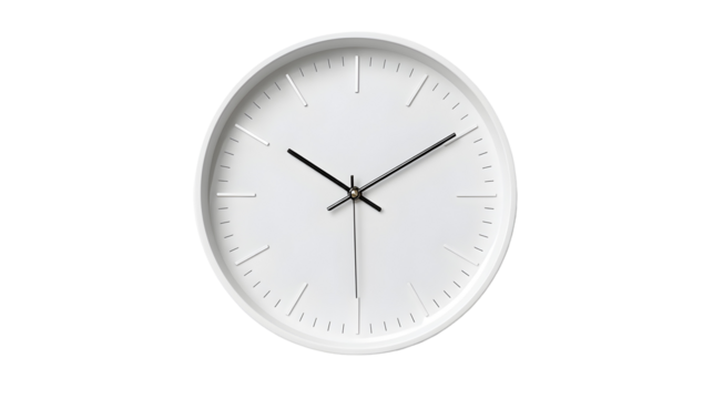 White Minimalist Wall Clock isolated on a transparent background