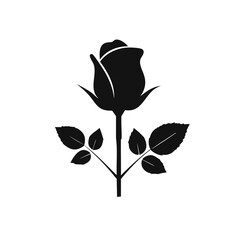Single black silhouette rose flower bud stem leaves