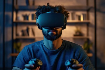Immersed VR user engages in an intense gaming experience at home during evening hours