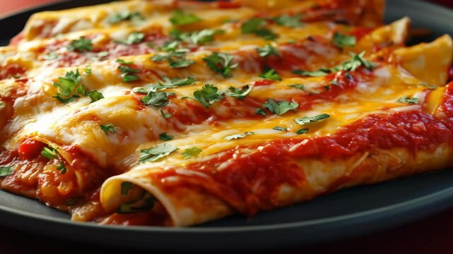 Plate of enchiladas with cheese, sauce, and cilantro topping