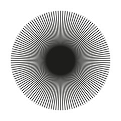 Radial circle lines backdrop. Circular black lines element. Symbol of Sun star rays. Flat design trendy pattern. Spokes with radiating stripes. Abstract round geometric shape.