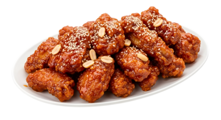 A Crispy Platter of Korean Fried Chicken in a Sweet and Spicy Yangnyeom Sauce on isolated transparent background