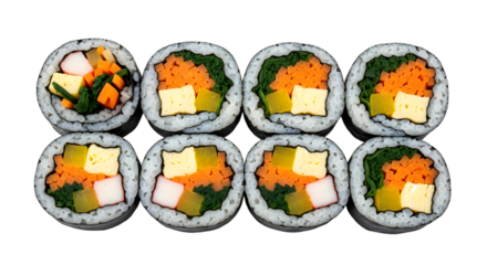 Sliced Korean Kimbap Seaweed Rice Rolls with Colorful Vegetable and Egg Fillings on isolated transparent background