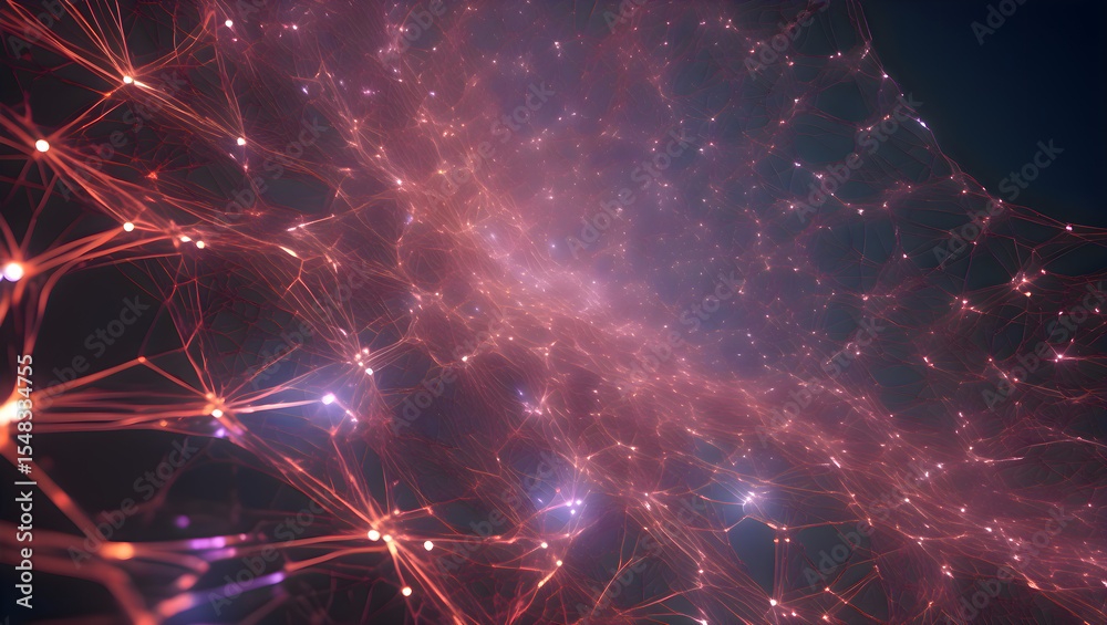 Poster computer generated abstract image showing red and blue lights representing a digital network or neur