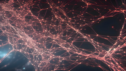 Computer generated abstract network with glowing red and pink lights forming a complex digital grid