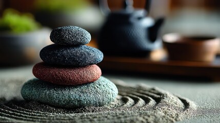 Stacked Stones on Sand with Teapot in Background for Spa and Relaxation Concept