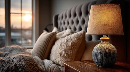 Cozy bedroom scene showcases a lit table lamp next to a bed with fluffy pillows