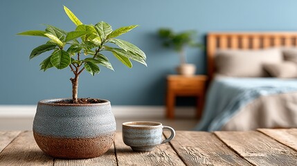 Potted Plant and Cup on Rustic Wood Table in a Bedroom