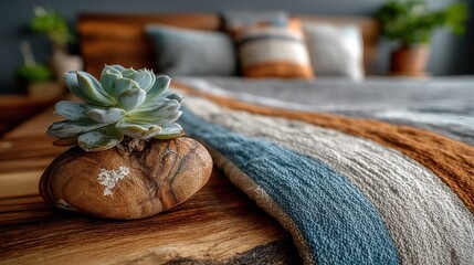 Succulent Plant in Wooden Container on Striped Textile at Home