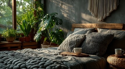 Inviting Bedroom Interior Featuring Plants, Woven Decor, and Cozy Bedding in Sunlight
