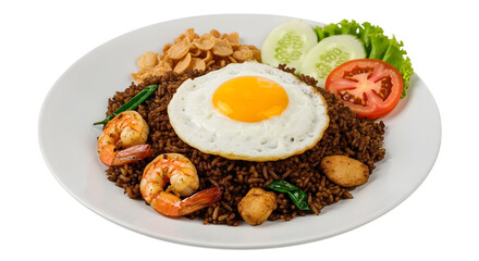 A Plate of Authentic Indonesian Nasi Goreng Fried Rice with a Fried Egg and Prawn Crackers on isolated transparent background