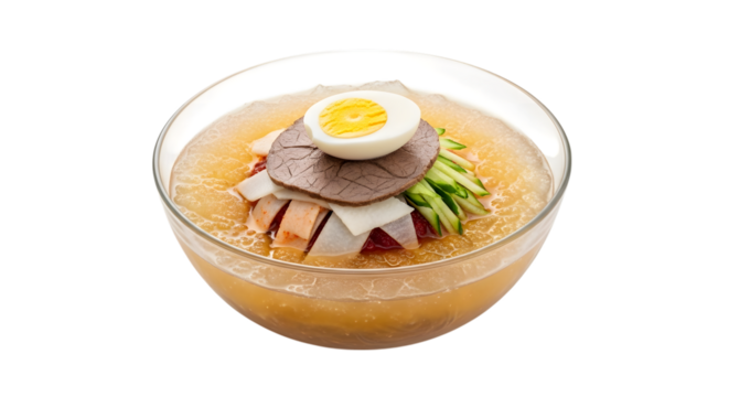A Chilled Bowl of Korean Mul Naengmyeon Cold Buckwheat Noodles in an Icy Broth on isolated transparent background