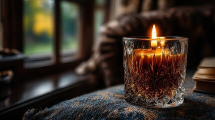 Burning Candle in Etched Glass on Woven Fabric Beside Books Indoors