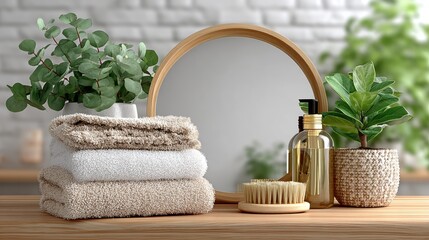 Stacked Terrycloth Towels with Mirror and Plants on Wooden Surface