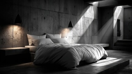 Bedroom interior featuring a concrete platform bed bathed in light, with minimalistic hanging lamps
