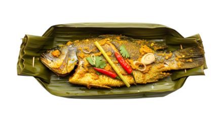 A Freshly Steamed Indonesian Pepes Ikan Spiced Fish Wrapped in a Banana Leaf on isolated transparent background