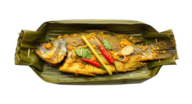 A Freshly Steamed Indonesian Pepes Ikan Spiced Fish Wrapped in a Banana Leaf on isolated transparent background