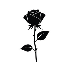 Single black silhouette rose flower stem leaves