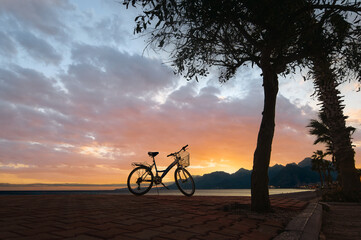 A peaceful scene featuring a bicycle parked on a promenade, silhouetted against a colorful sunset...