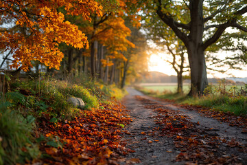 Naklejka premium Autumnal Country Road Sunlit Path Orange Leaves Trees