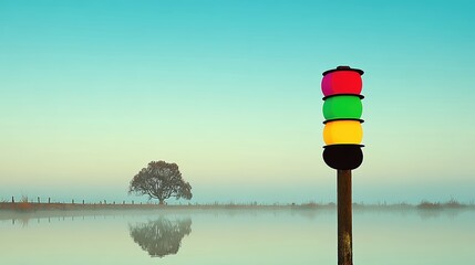 Color Coded Safety Signs Stand Tall on a Wooden Post Near a Peaceful Lake During Twilight Hours